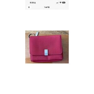 Fossil Compact Card Wallet with Keychain Red Snap Closure Zipper Pouch Key Ring